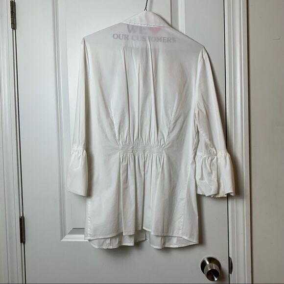 BCBG Maxazria White 3/4 Sleeve Button-Down with Ruffles Sleeves Size Large - Picture 8 of 9